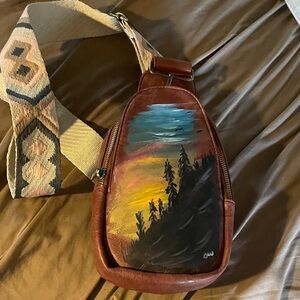 Hand-Painted by @canvascolors faux Leather Crossbody Bag with Sunset Landscape